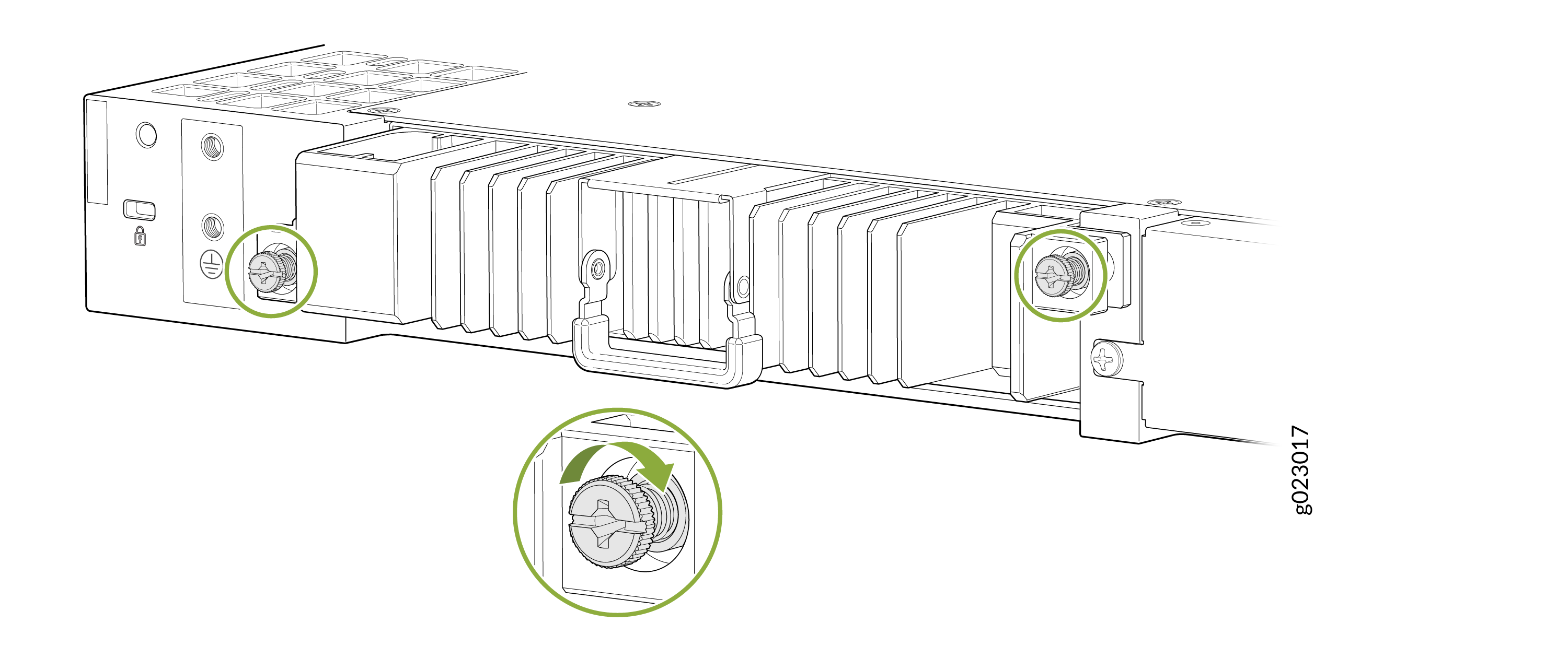 Technical illustration of a server component with highlighted locking mechanisms and arrows for module removal.