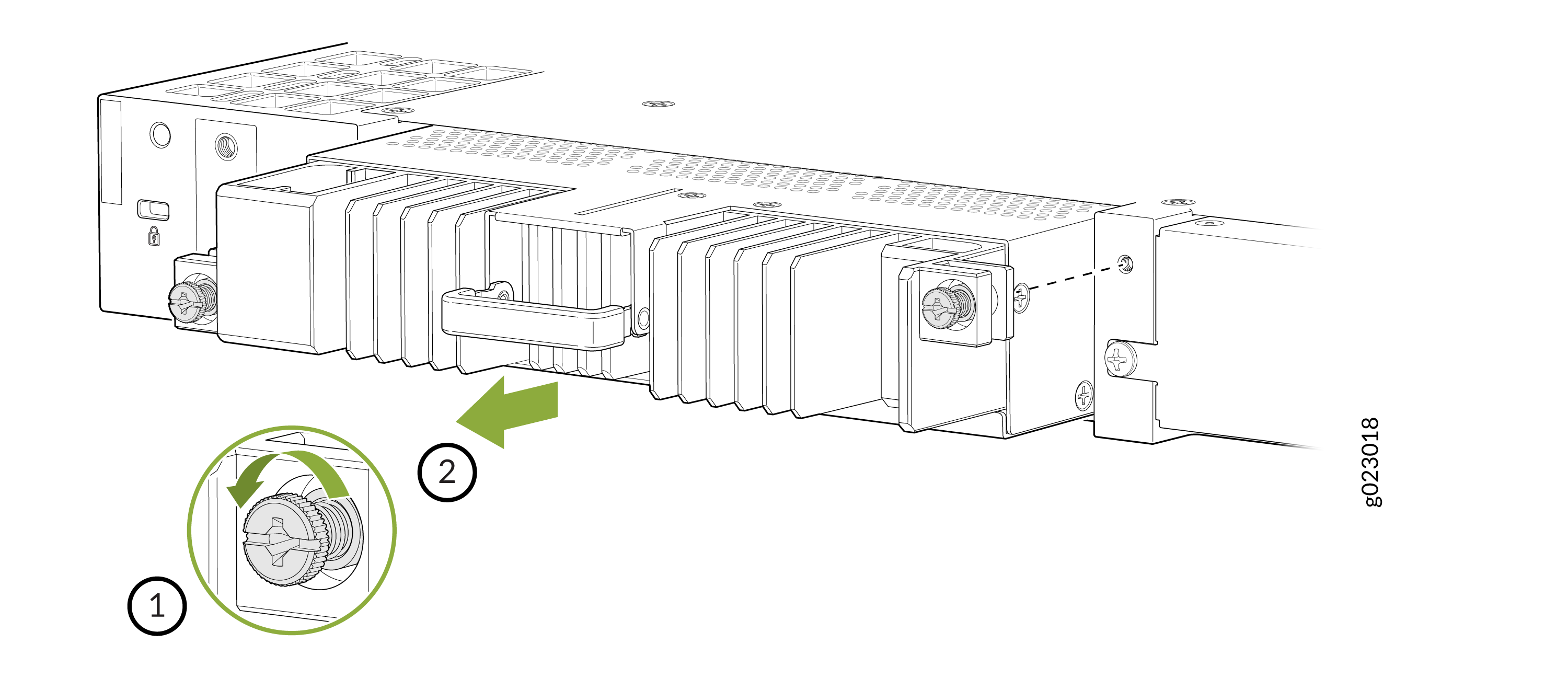 Module installation guide with heat sinks, showing steps: turn knob labeled 1 and secure module labeled 2 with arrows indicating actions.