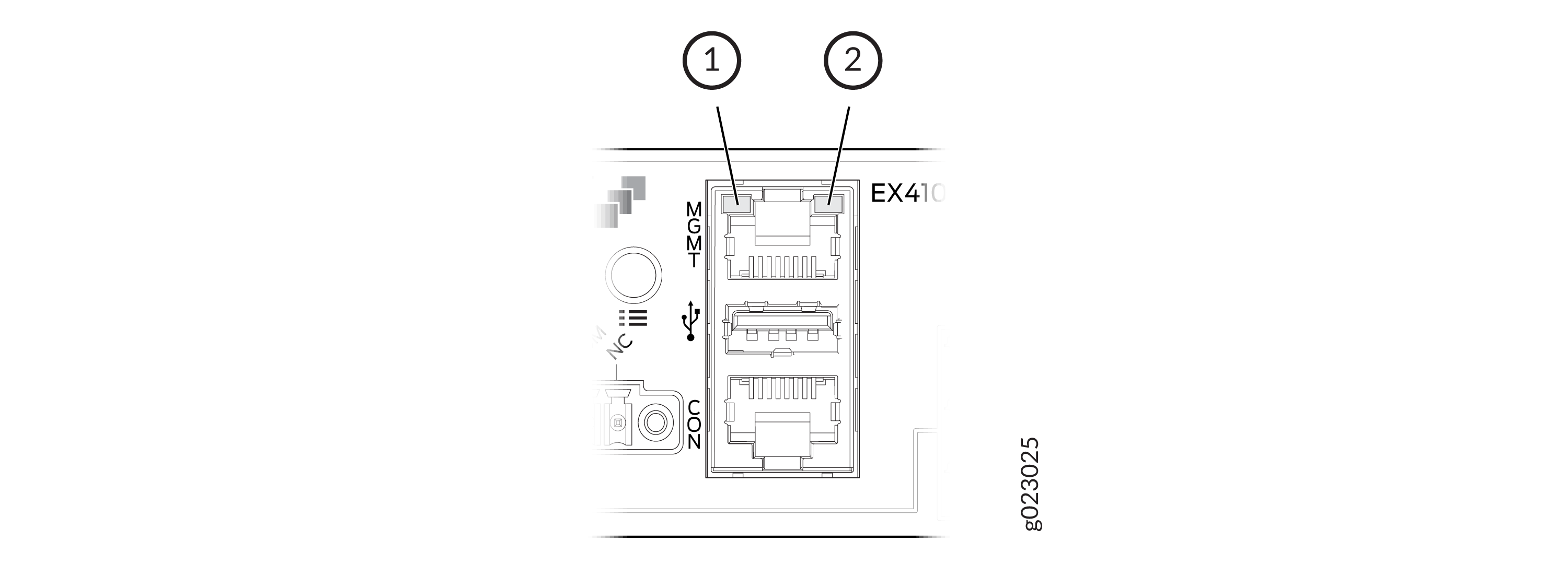 Juniper EX4100 switch front panel showing MGMT Ethernet port for out-of-band management and CON console port for CLI access.