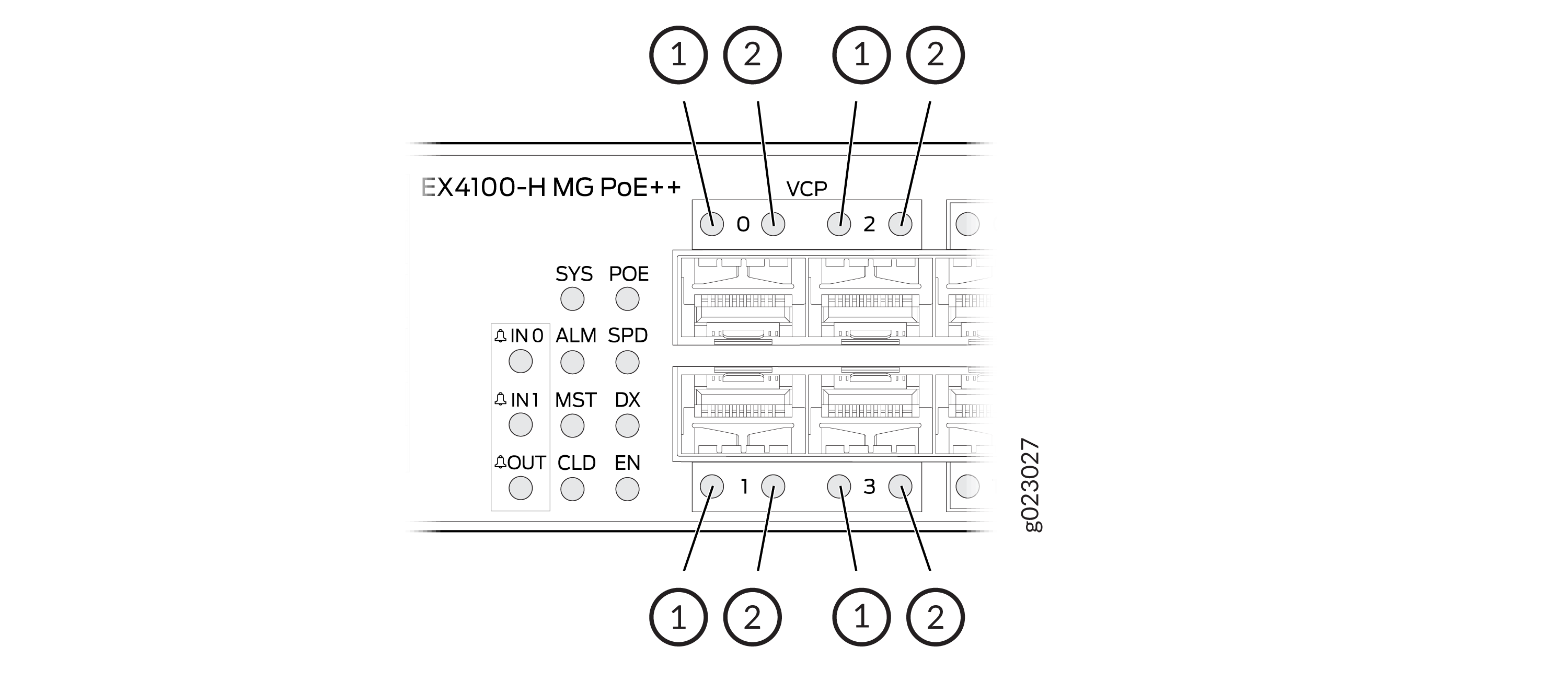 EX4100-H MG PoE++ network switch front panel diagram with labeled ports and indicators for VCP, SYS, POE, ALM, SPD, MST, DX, CLD, EN.