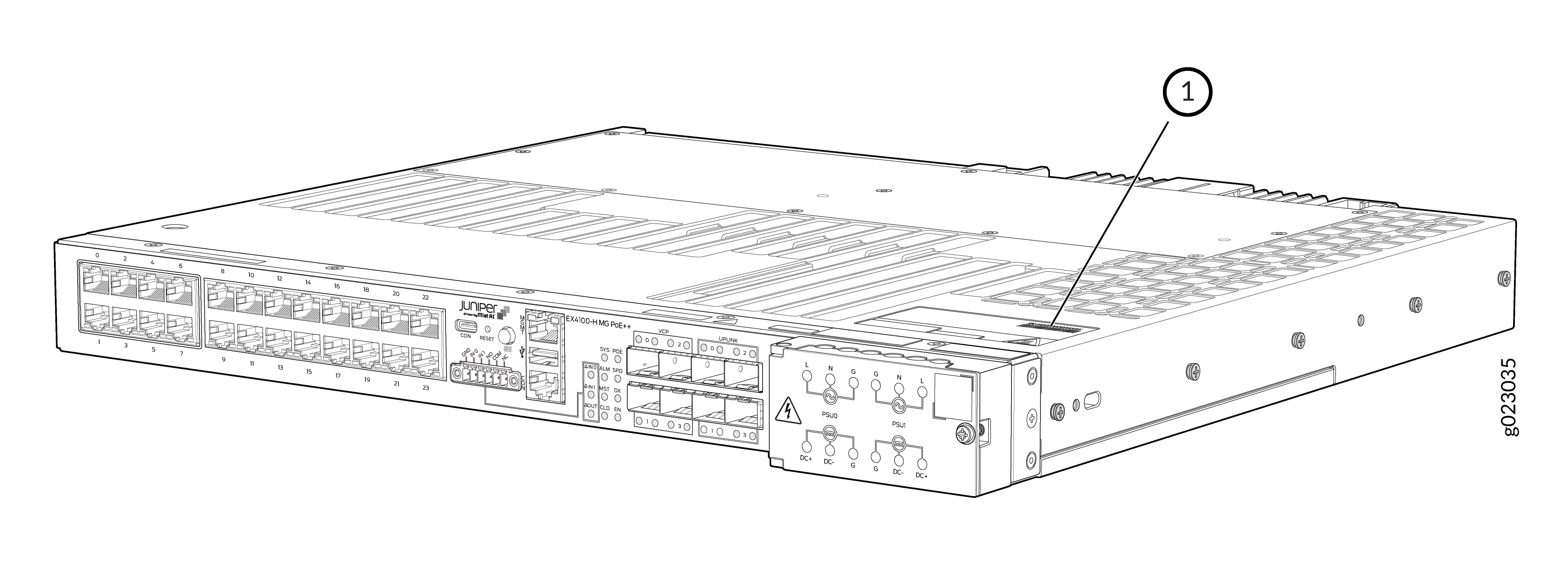 Juniper Networks EX4100-H MG PoE++ Ethernet Switch with Ethernet ports 0-23, PoE++ support, management and uplink ports, and power connections.