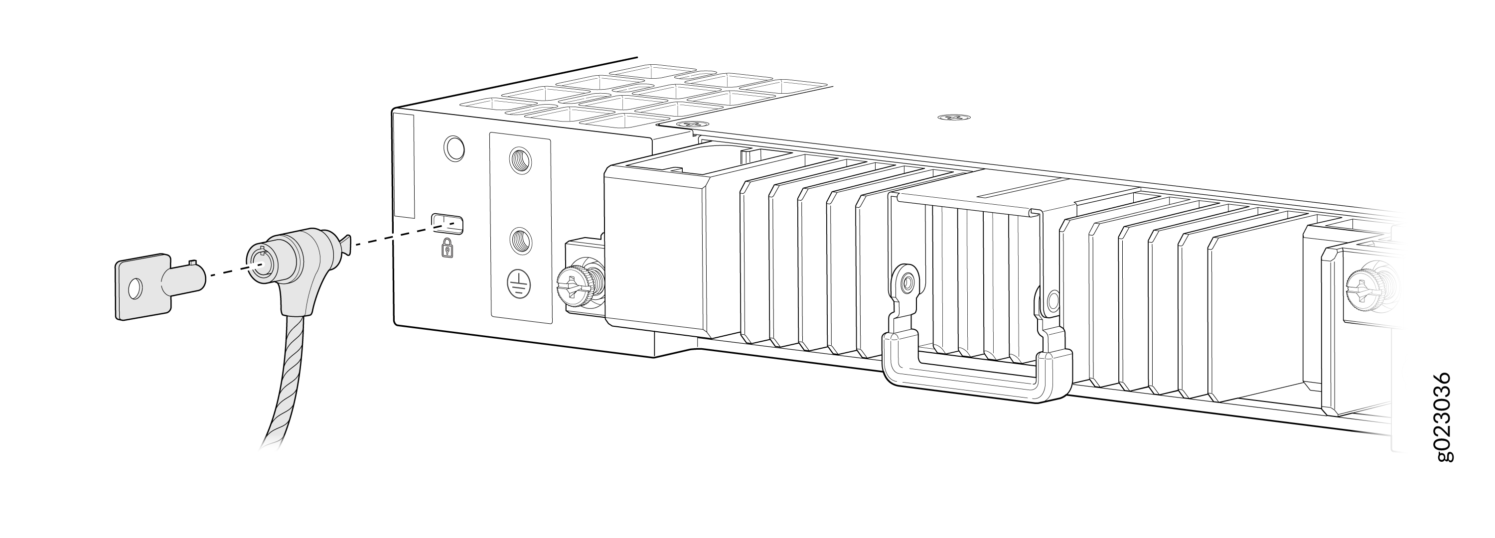 Locking mechanism illustration: key and cable lock inserted into a device's lock slot, with modular design and heat sinks.