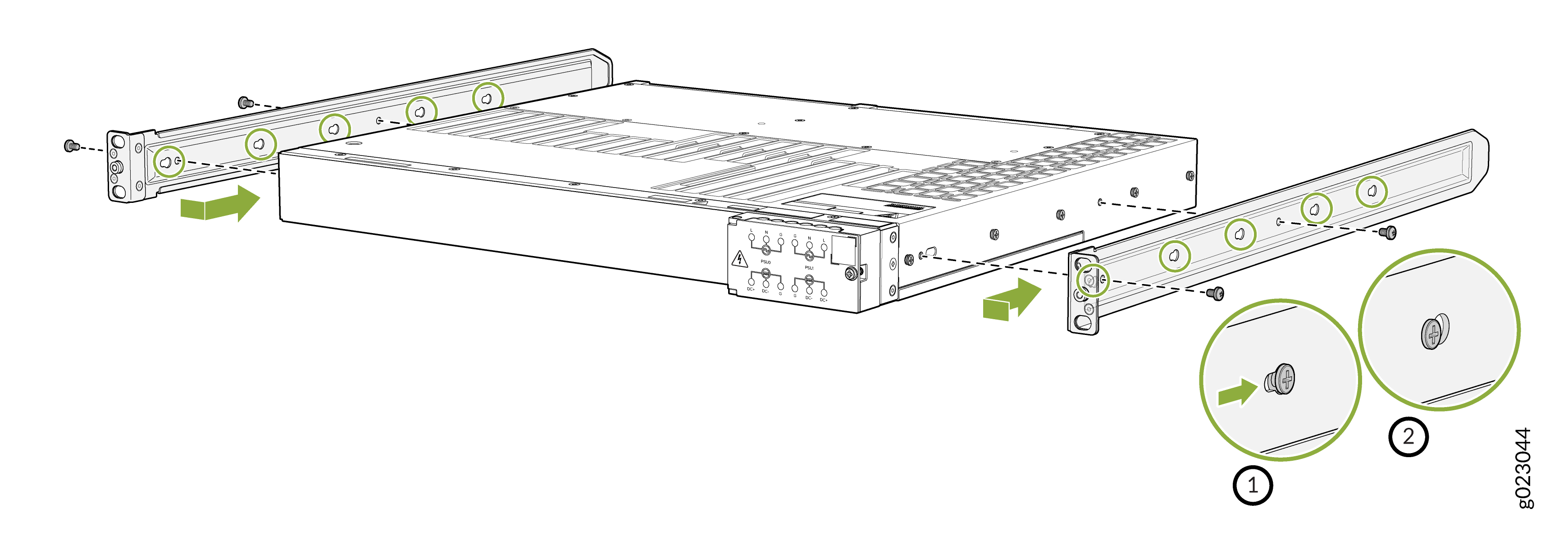 Installing rack-mounting rails with screws; green arrows show assembly direction; close-ups highlight screw details.