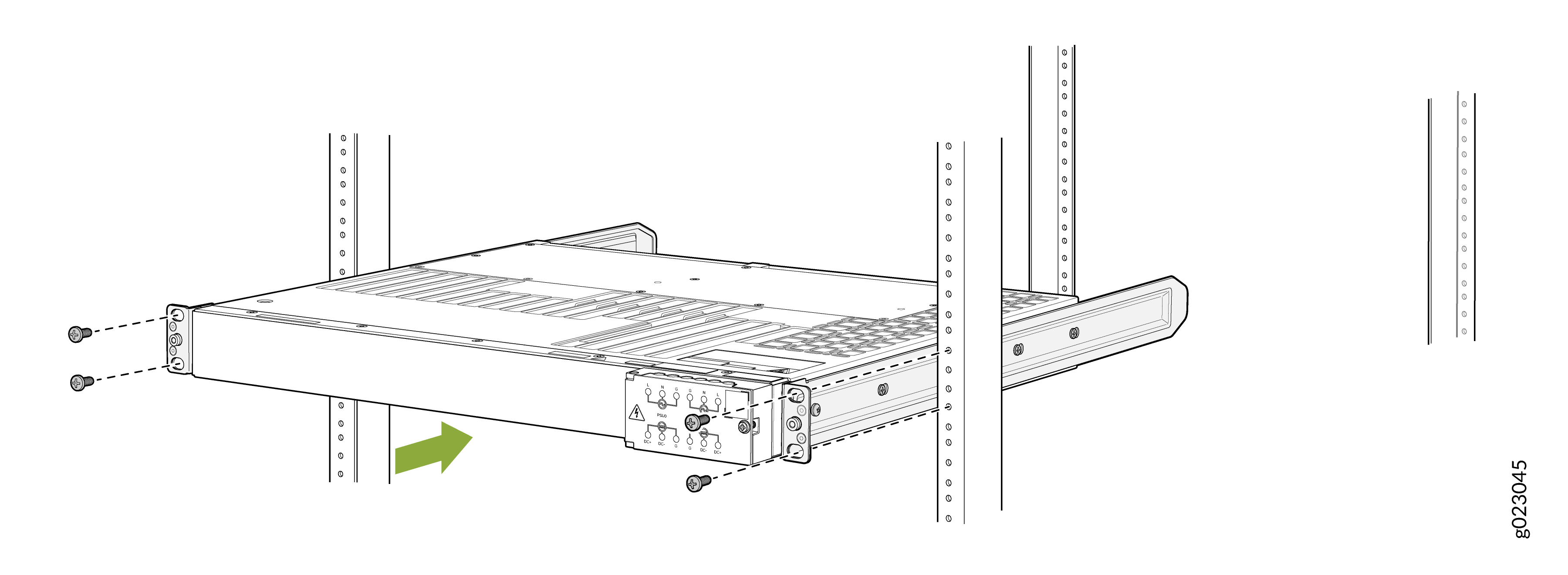 Installing a rack-mounted server into a server rack with screws and direction indicated by an arrow.