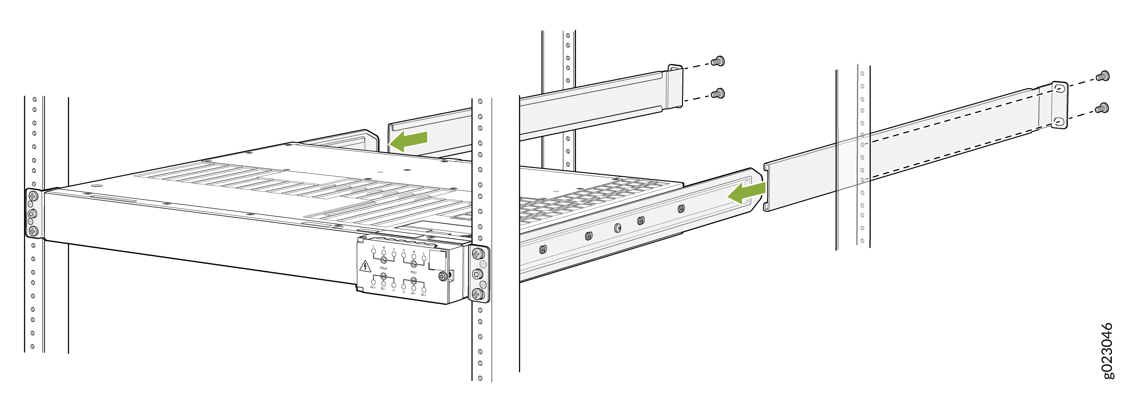 Server being installed into a rack with arrows indicating direction and screws showing rail attachment to rack frame.