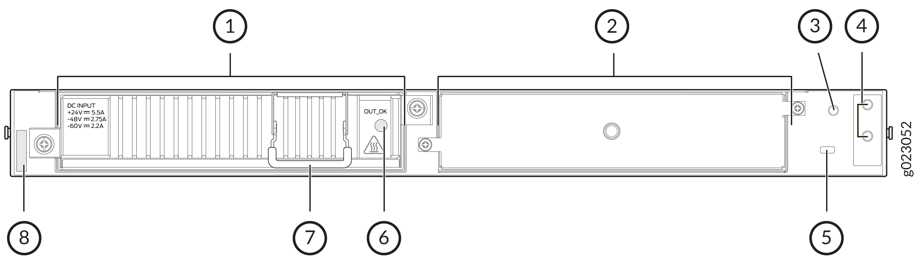 Technical diagram of a power supply unit with labeled components: outer casing, mounting holes, input/output connectors, handle, status light, warning symbol, cooling fins, and DC input specifications.