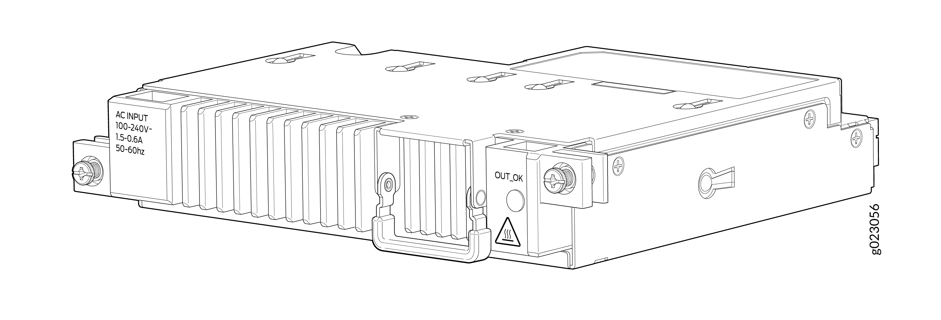 Technical drawing of a PSU with AC INPUT 100-240V~ 1.5-0.6A 50-60Hz, OUT_OK label, heat warning symbol, fins, and mounting features.