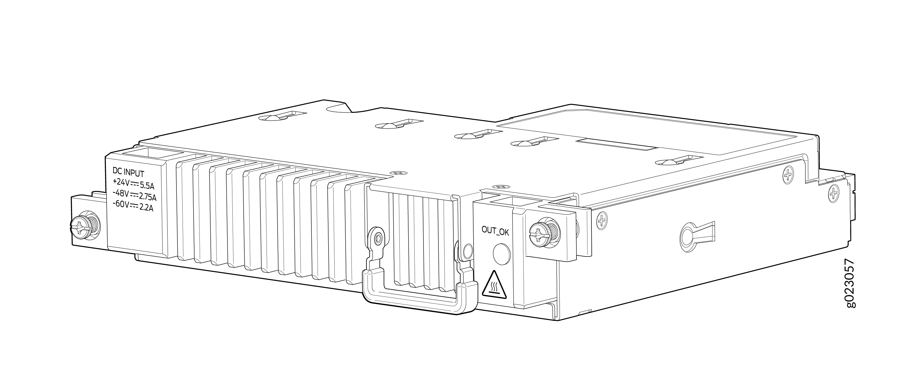 Technical drawing of an electronic module with DC input voltages +24V, -48V, -60V and OUT_OK indicator, featuring heat dissipation fins and mounting hardware.