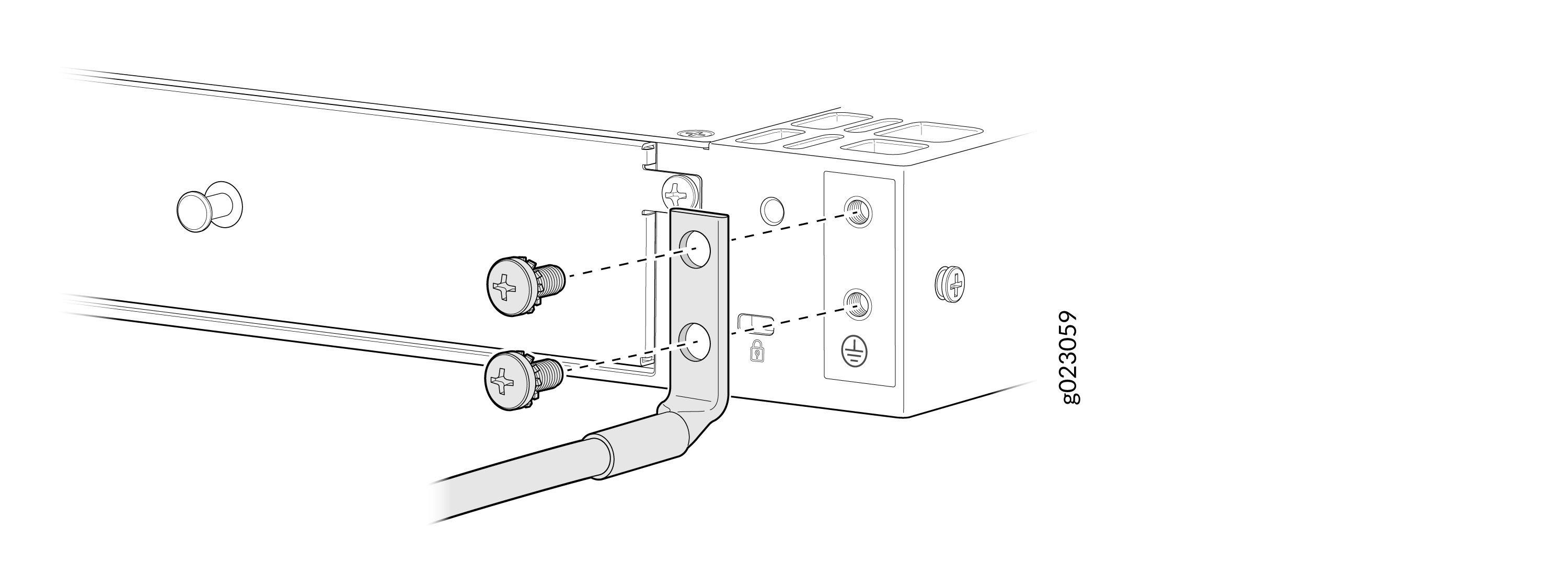 Technical diagram showing bracket installation with screws and grounding symbol on a metal enclosure.