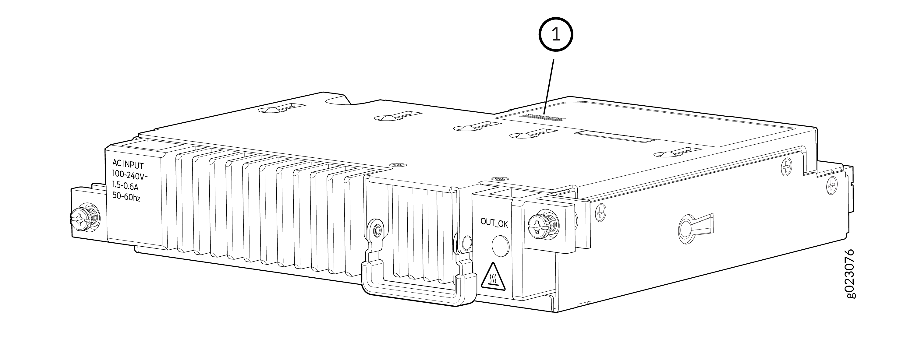 Technical drawing of a power supply unit with AC input specs 100-240V 1.5-0.6A 50-60Hz handle for removal button labeled OUT_OK and heat warning symbol.