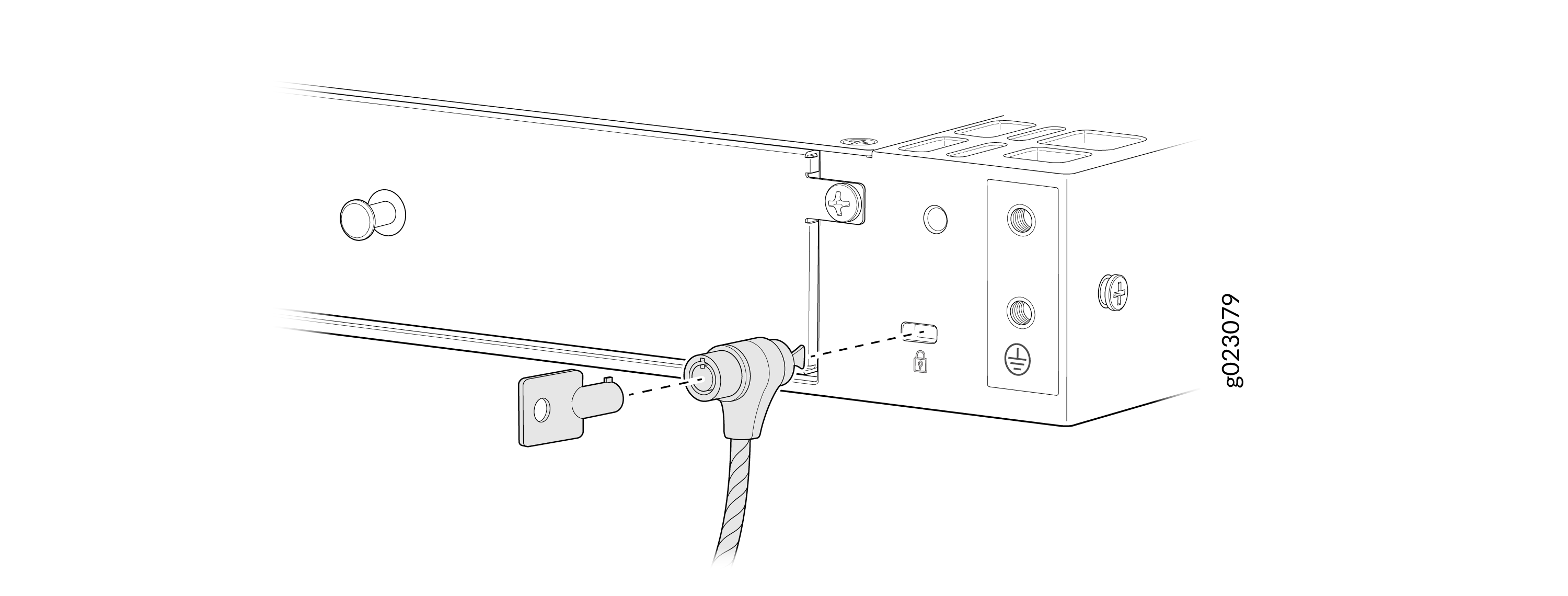 Security cable lock being inserted into a Kensington lock slot on a device to prevent theft.