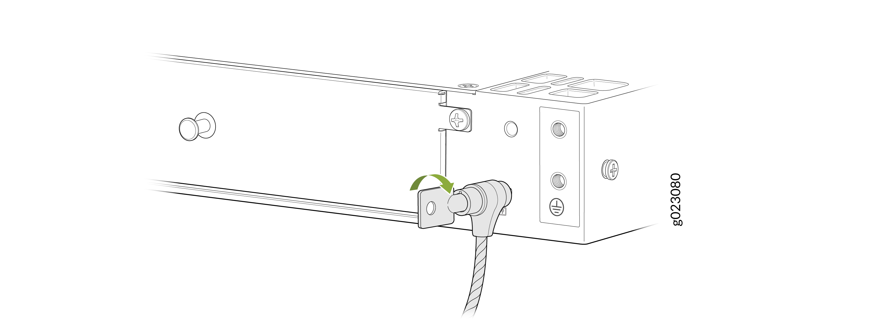 Component installation showing cable connected to terminal with green arrow indicating rotational adjustment.