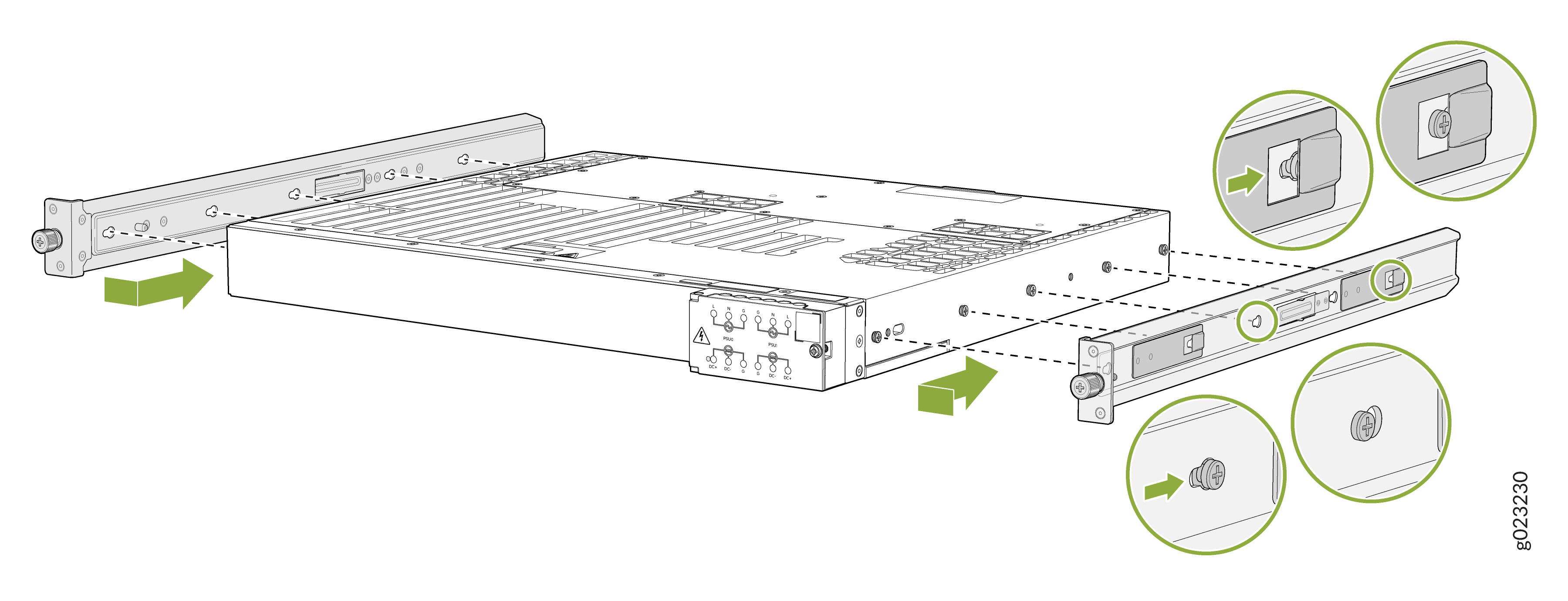 Attaching sliding rails to a rack-mounted server with green arrows indicating installation direction and zoomed-in details of screws and locking mechanisms.