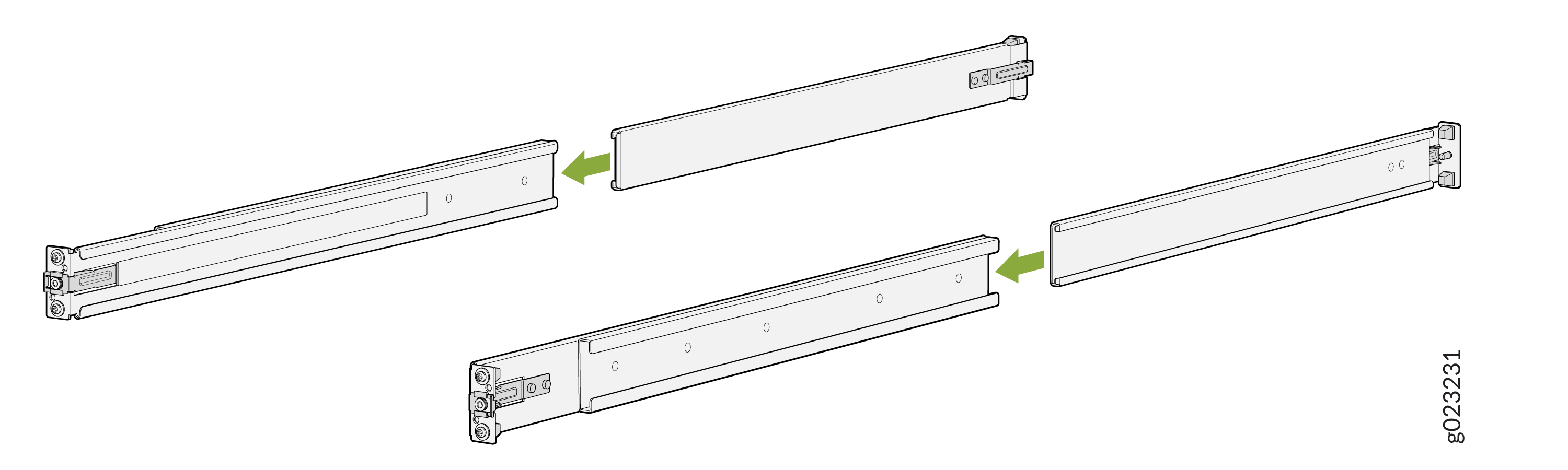 Assembly diagram showing components of a drawer slide mechanism with green arrows indicating assembly direction.