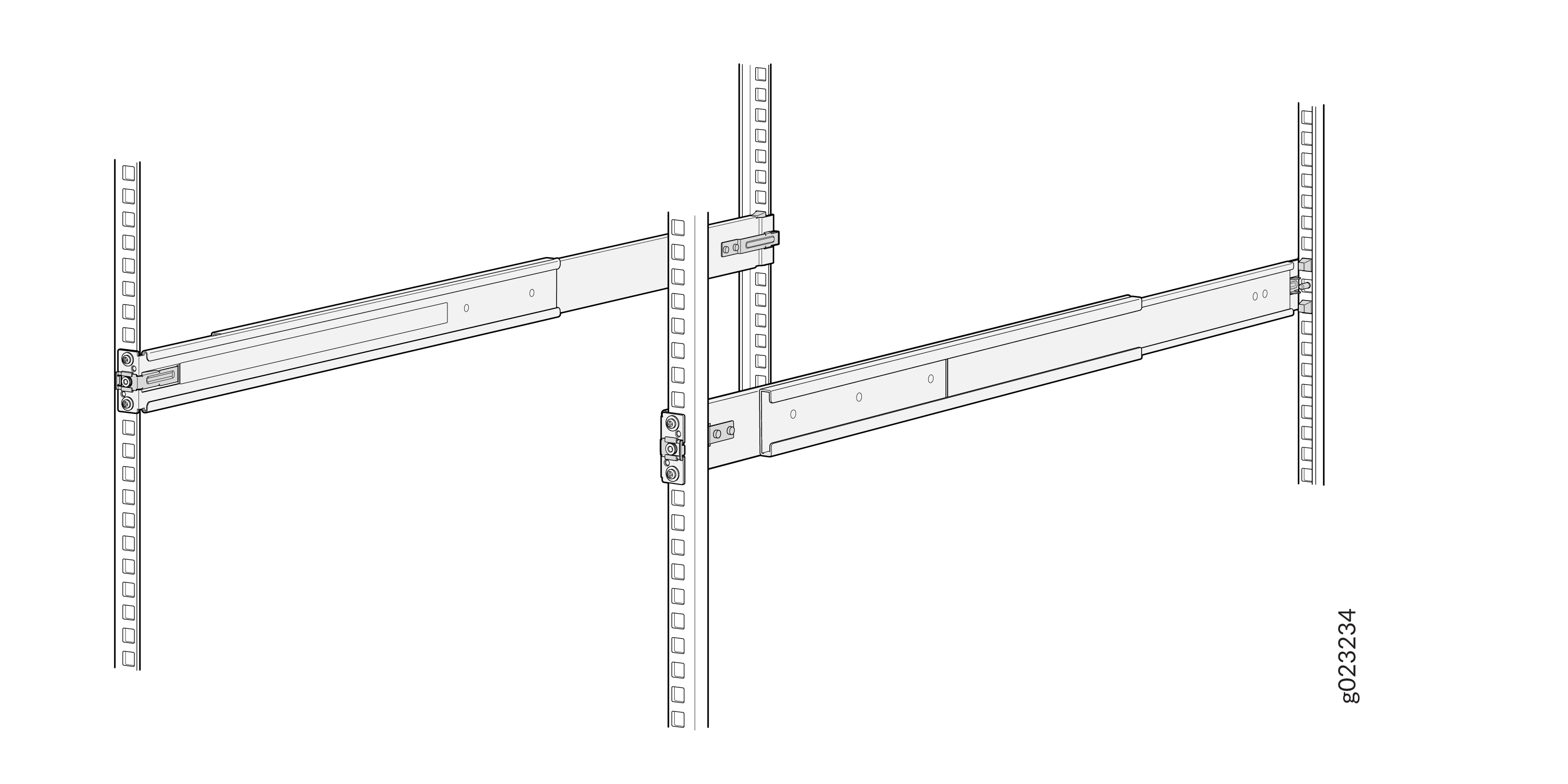 Technical drawing of a rack system with perforated supports and telescopic sliding rails for an assembly guide.