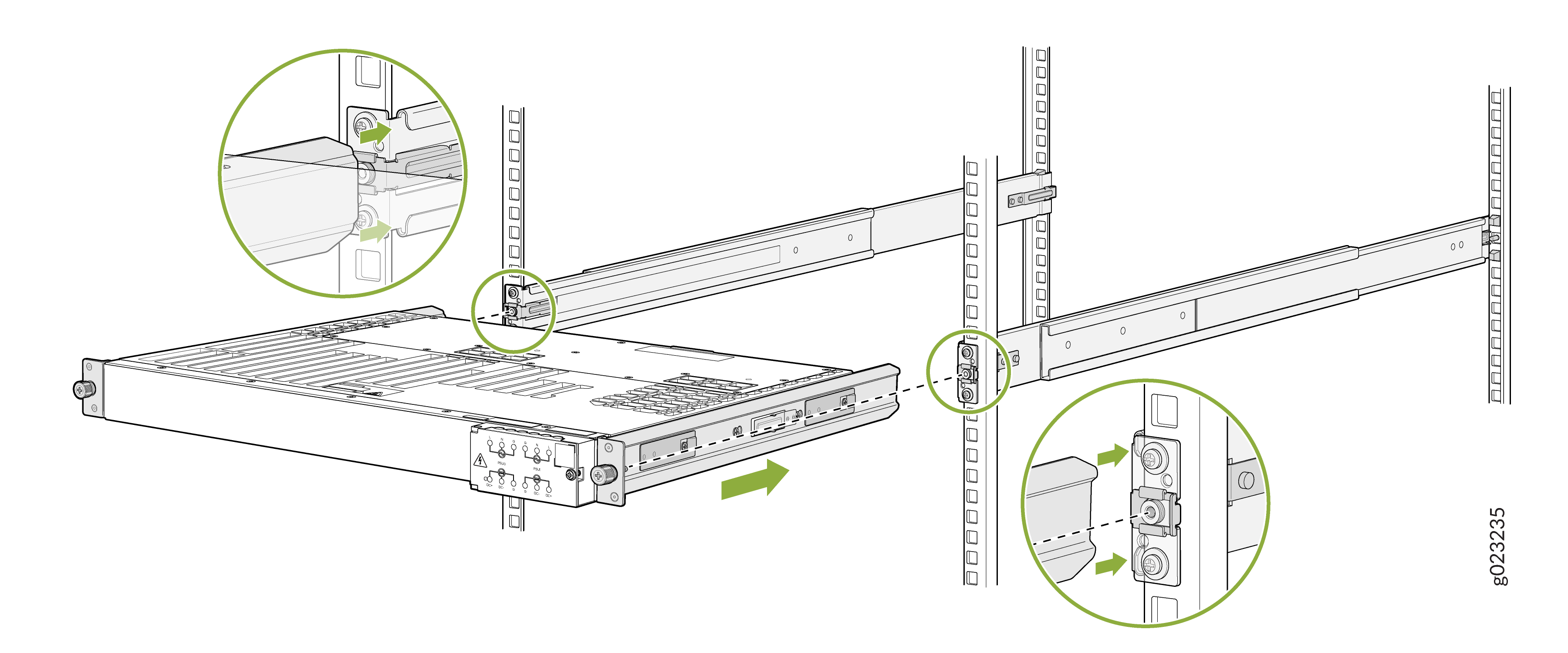 Installing a rack-mounted server into a rack using sliding rails; green arrows and zoomed-in sections show connection points and securing mechanisms.