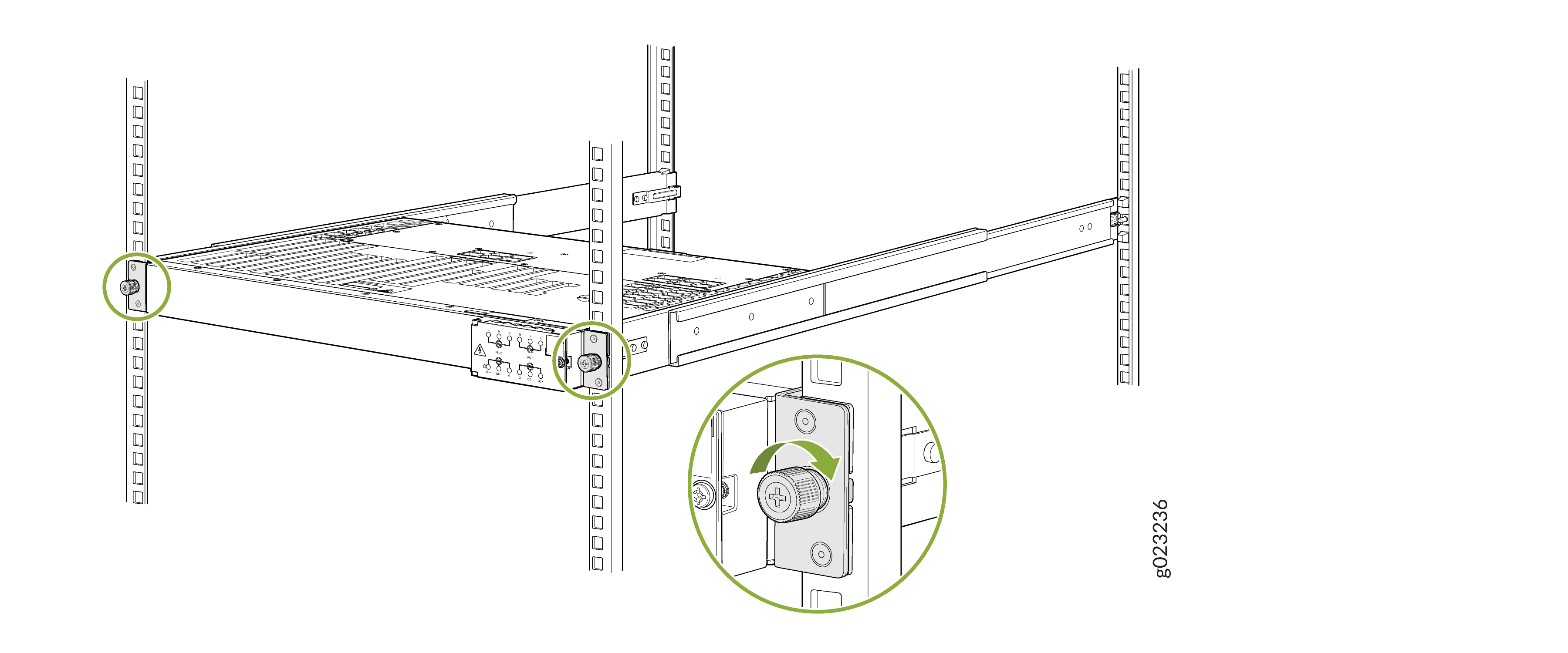 Server being mounted on sliding rails in a rack, with green circles highlighting attachment points.