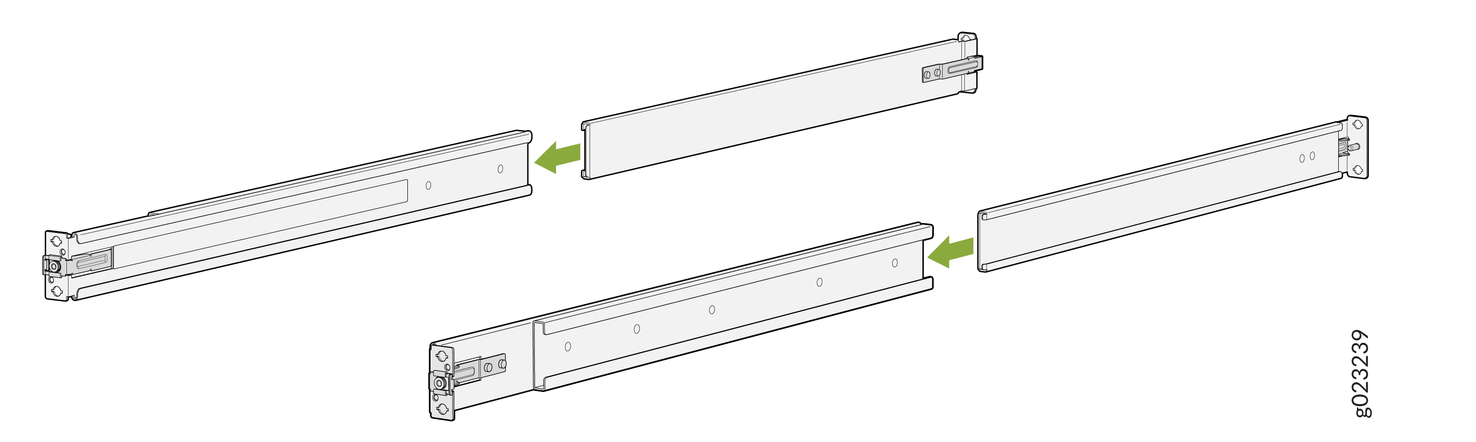 Diagram of drawer slides with green arrows showing assembly process and how components fit together for smooth operation.