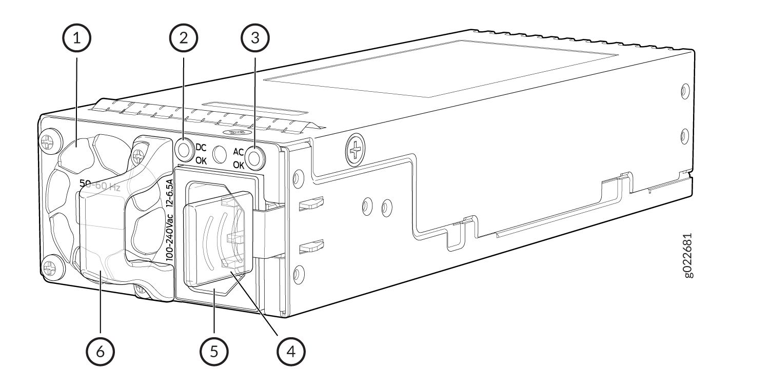 Power supply unit with cooling fan, status indicators, input voltage range, power connector, latch or handle, and mounting screws.