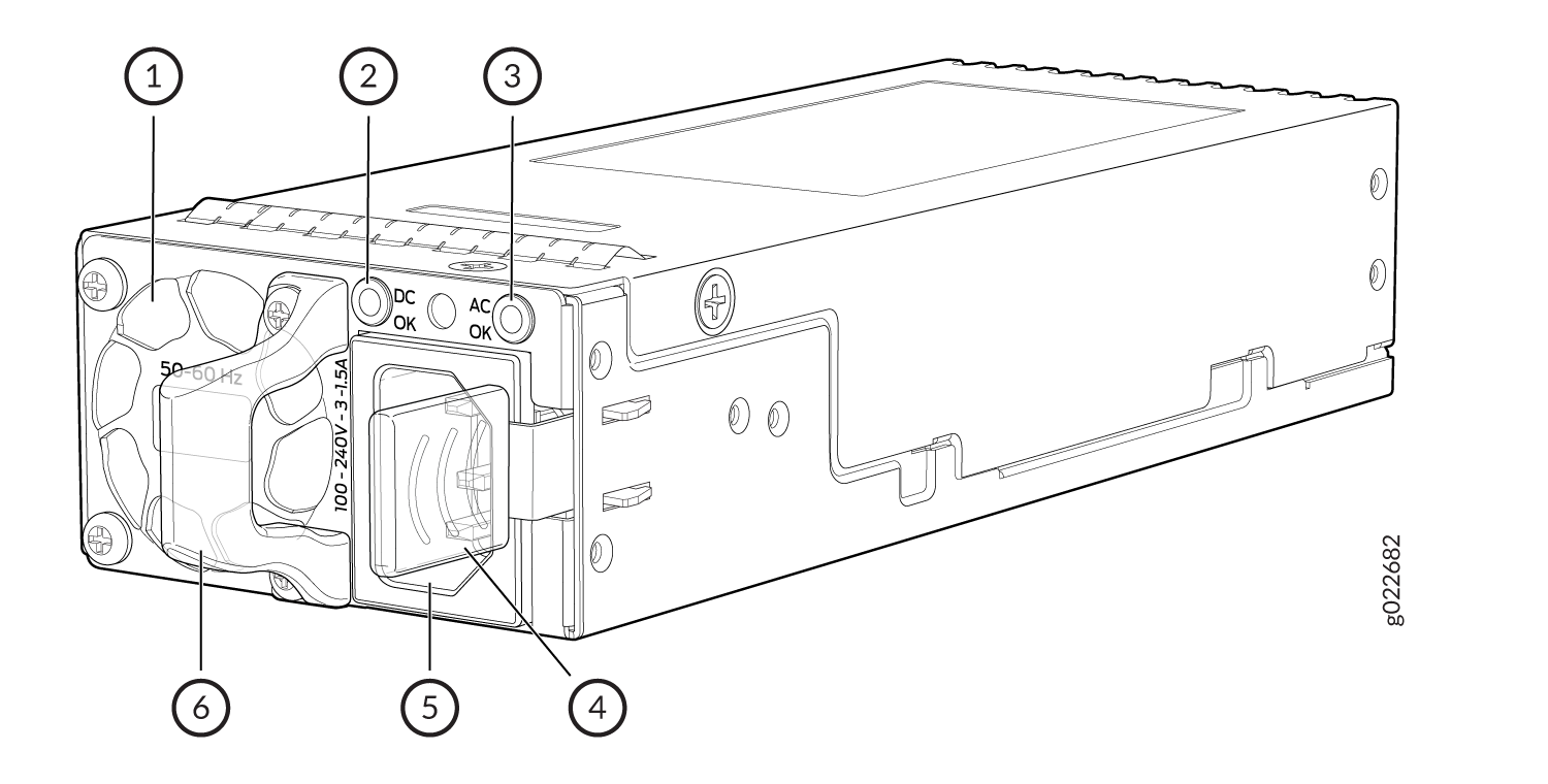 Power supply unit with fan for cooling, status LEDs, handle, power connector, lock mechanism, and voltage info 100-240V, 50-60 Hz.
