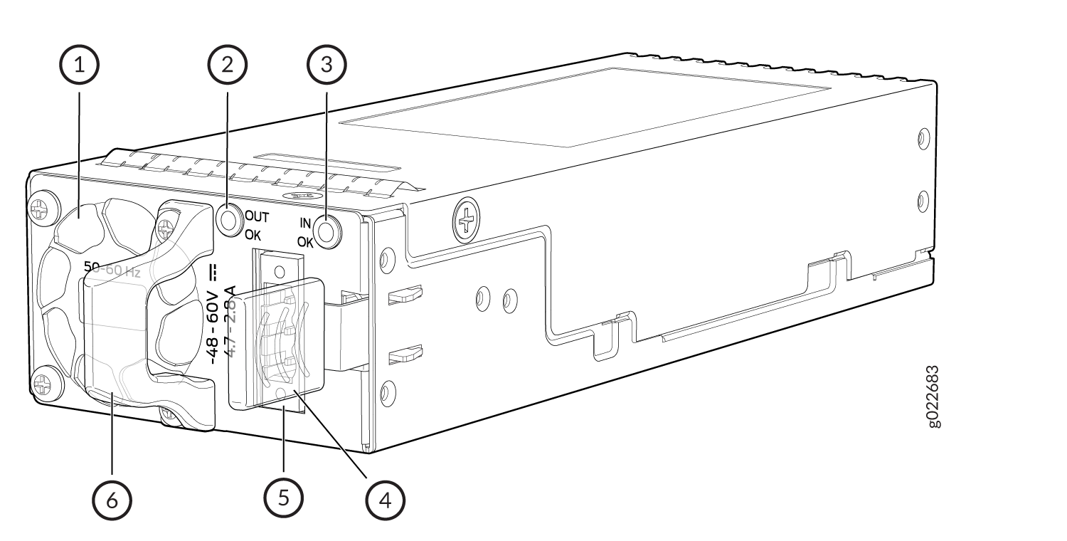 Technical drawing of a power supply unit with labeled components: fan, LED status indicators, screw, connector, latch, and specifications showing voltage range 48-60V, current 47-26A, frequency 50-60 Hz.