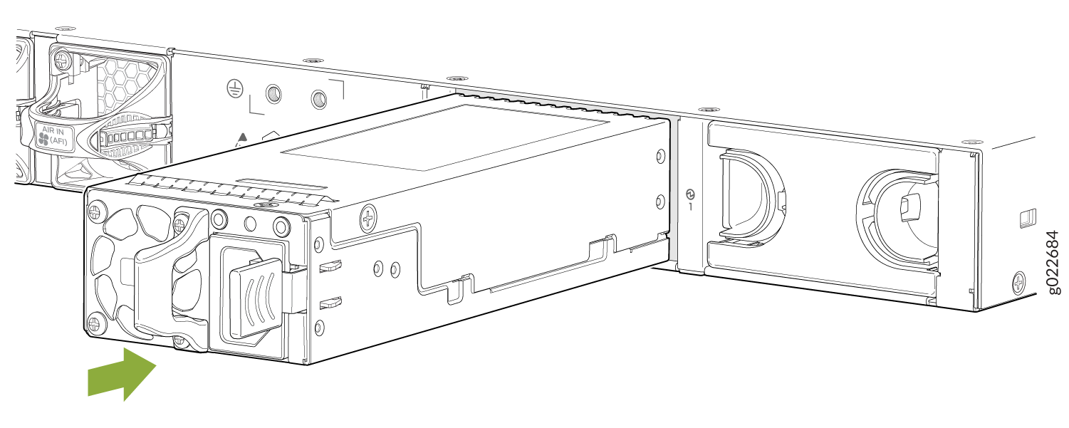 Modular power supply unit being inserted or removed from server chassis, with fan, handle, and power connectors. Green arrow shows direction.