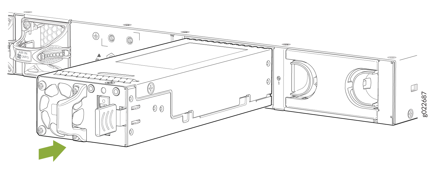 Modular power supply unit with fan and connectors being inserted or removed from a server chassis, indicated by green arrow.