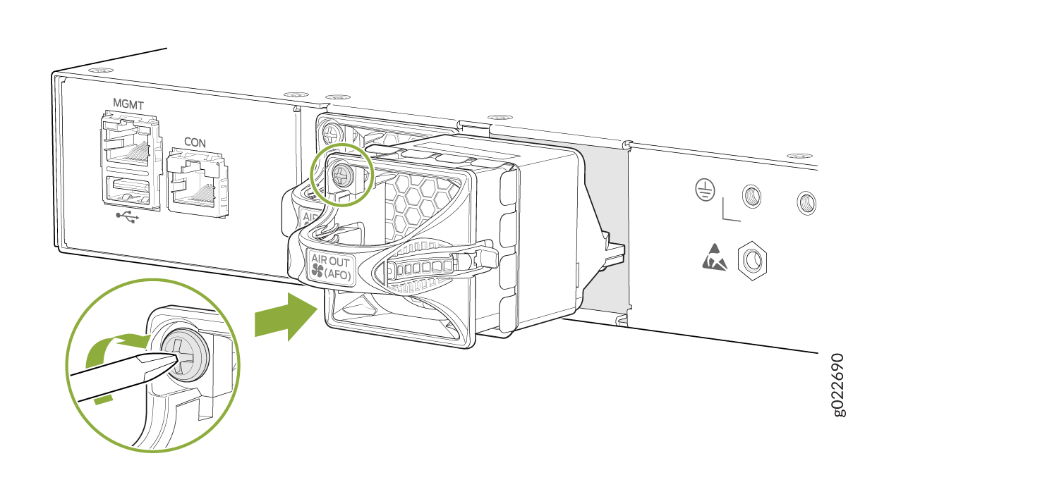 Rear view of hardware component with ports labeled MGMT and CON. Inset highlights fan module removal using a tool, with green arrow indicating direction.