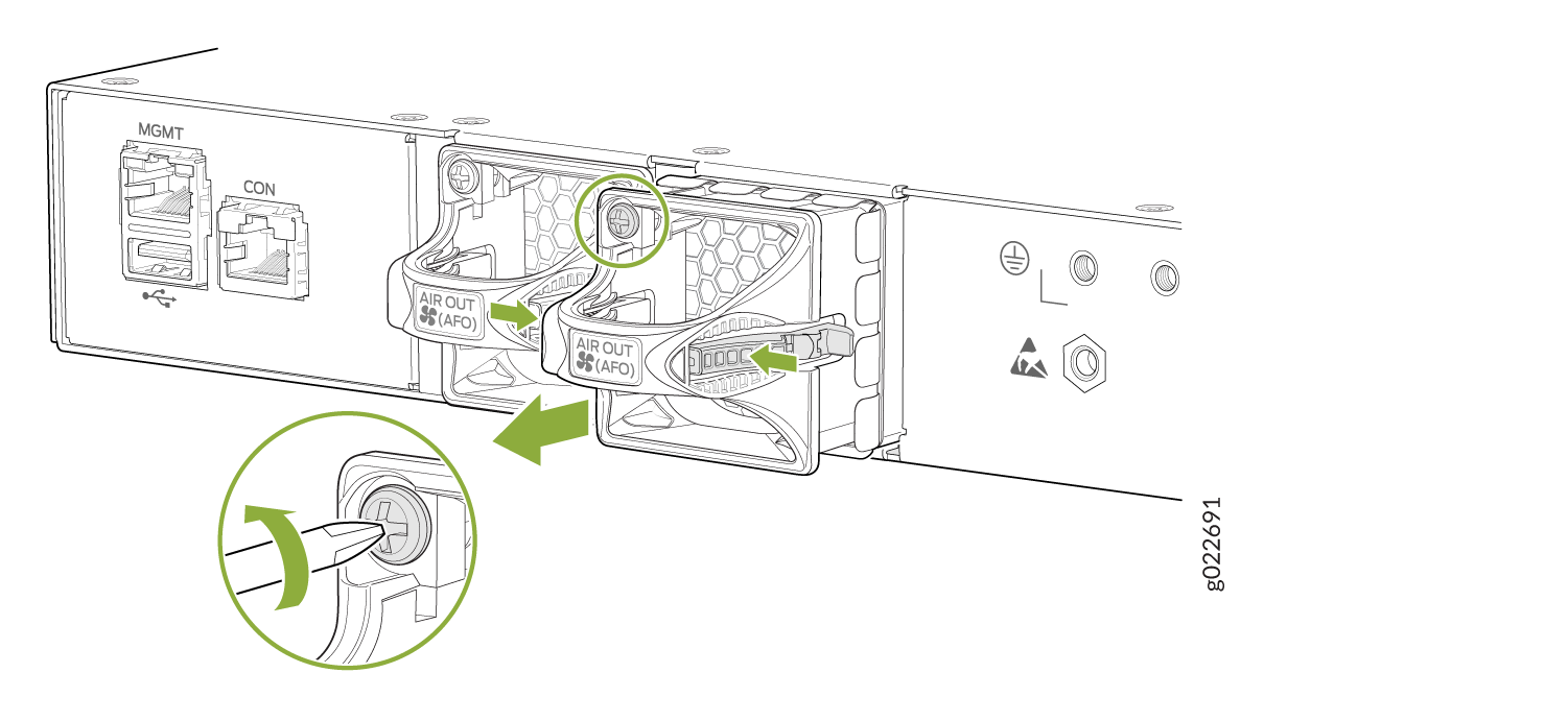 Illustration of a server's rear showing labeled ports MGMT and CON, cooling fans, and instructions for fan replacement.
