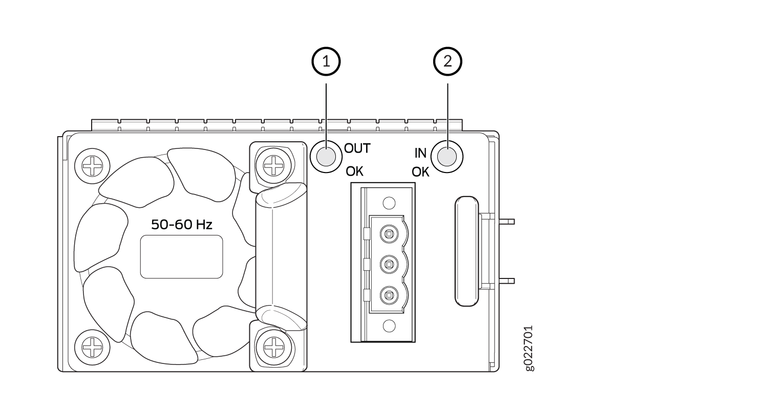 Technical diagram of a power supply with a 50-60 Hz fan, OUT OK and IN OK indicators, a multi-pin connector, and mounting points.