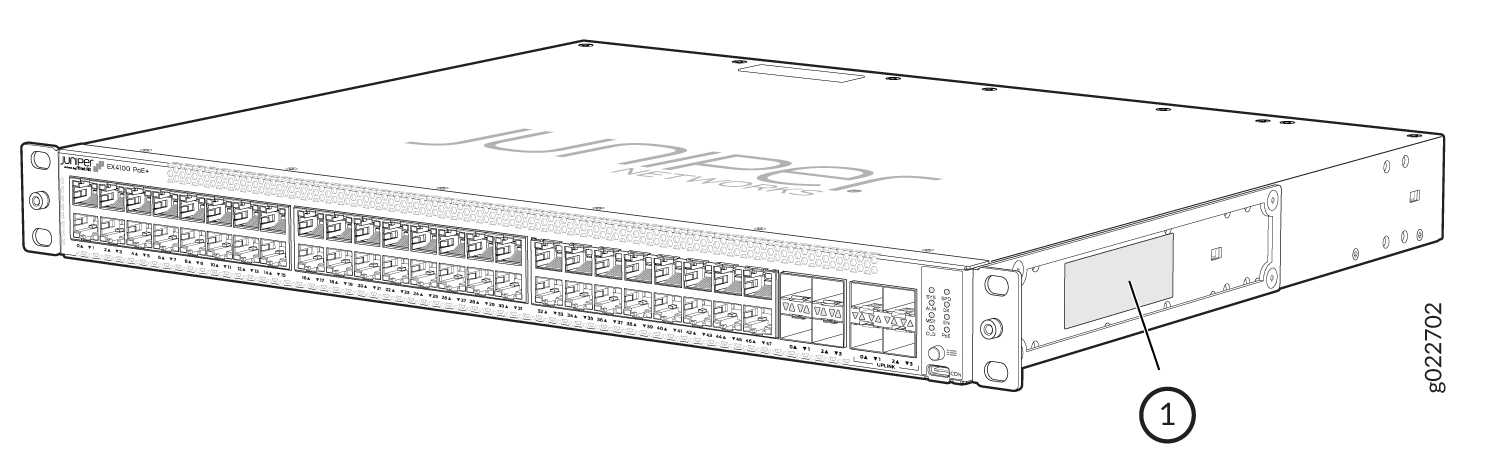 Juniper Networks EX4100 Ethernet switch with multiple RJ-45 and uplink ports, featuring a modular component on the right.