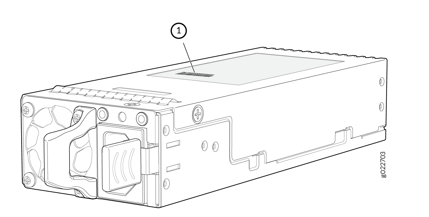 Technical drawing of server PSU with handle for removal, cooling fan, mounting points, and label 1 indicating a specific component.