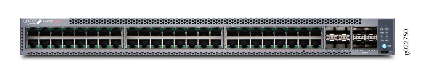 Juniper Networks EX4100 Ethernet Switch with 48 ports, 4 uplink ports, PoE+ support, and status indicators for enterprise networking.