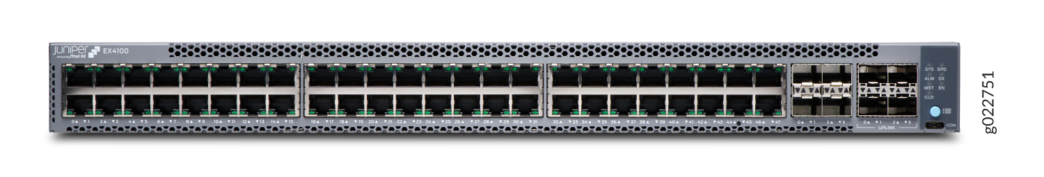Juniper Networks EX4100 Ethernet Switch with 48 RJ-45 ports, uplink ports, status LEDs, and console port for enterprise networking.