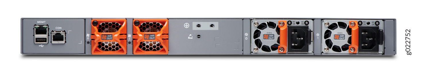 Rear view of a network appliance with MGMT and CON ports for management and console access, orange cooling fans labeled AIR OUT, and power supply units with AC and DC status indicators.