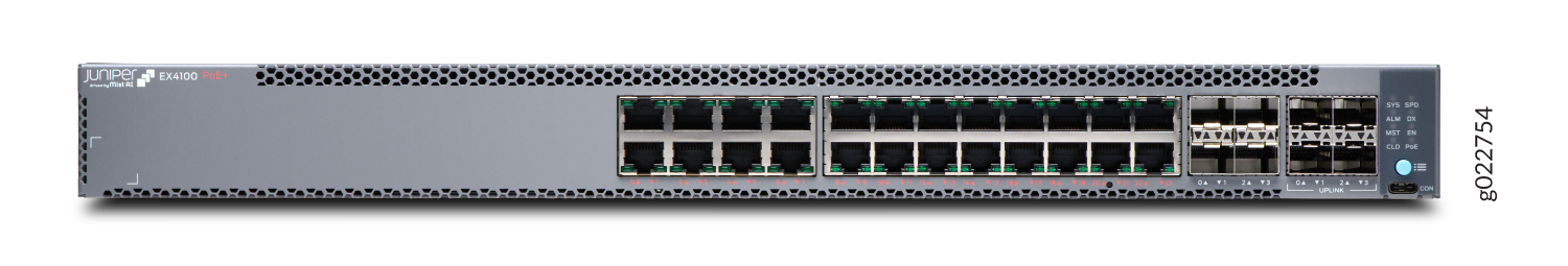 Juniper Networks EX4100 PoE+ Ethernet Switch with multiple Ethernet and uplink ports, LED indicators, and cooling vents.