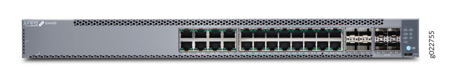 Juniper Networks EX4100 Ethernet Switch with multiple RJ-45 Ethernet ports, SFP/SFP+ uplink ports, and status LEDs for enterprise network connectivity.