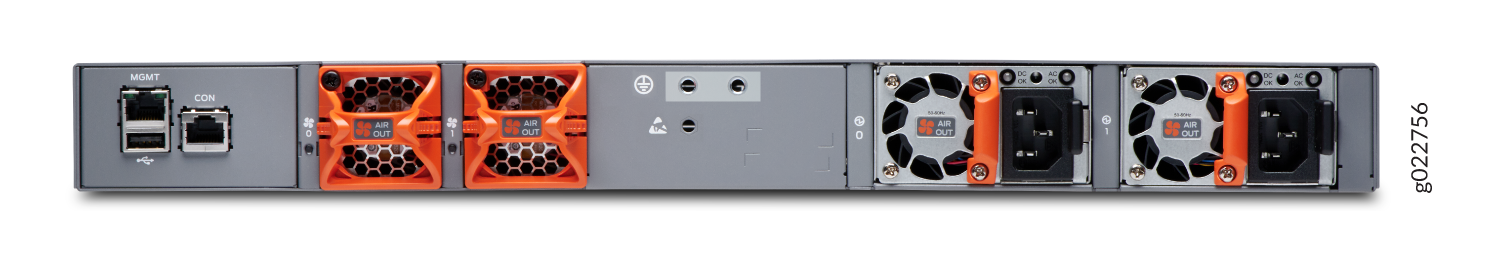 Rear view of server hardware showing management ports, cooling fans, redundant power supplies, USB port, and status indicators.