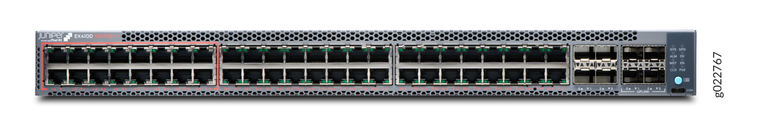 Juniper Networks EX4100 Multigigabit Ethernet Switch with multigigabit ports, uplink ports, status LEDs, and compact rack-mountable design.