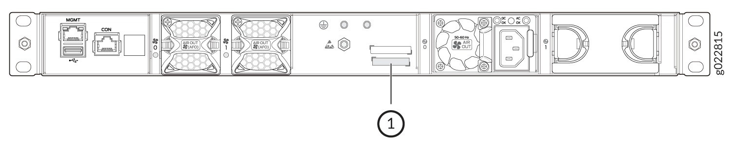 Rear view of a network device with MGMT and CON ports, cooling fans labeled AIR OUT, grounding point, expansion slots, power input, and handles.