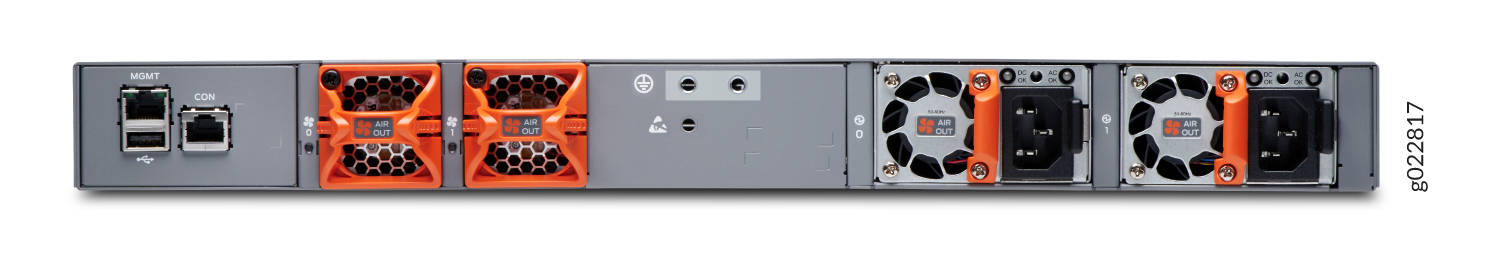 Rear view of server hardware with MGMT and CON ports for administrative access, cooling fans labeled AIR OUT, and redundant power supply units.