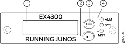 Front panel of Juniper Networks EX4300 switch with display showing EX4300 RUNNING JUNOS, list icon, arrow icon, and LED indicators ALM, SYS, and MST.