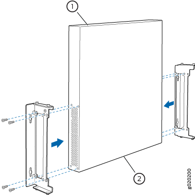 Diagram showing installation of wall-mount brackets for a device, with brackets on either side and screws attaching them to the device.