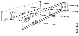 Technical diagram of a drawer slide assembly with labeled metal rails, brackets, and screws showing dimensions for installation.