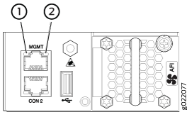 Rear panel of a server device with labeled MGMT Ethernet port for management and CON 2 port for console access. Includes USB port, hexagonal vent, and AFI logo.