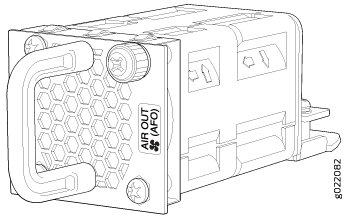 Line drawing of a server fan module with AIR OUT AFO label, showing hexagonal grille for air flow outlet.