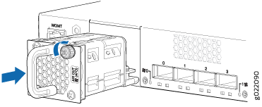 Inserting or removing a PSU from a network switch or server with a blue arrow and hand icon for guidance.