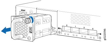 Diagram of a power supply unit being inserted or removed from a network switch using a handle and screw mechanism.