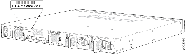 Juniper Networks device with highlighted serial number location PX37YYWWSSSS on the rear panel featuring ports and power supplies.