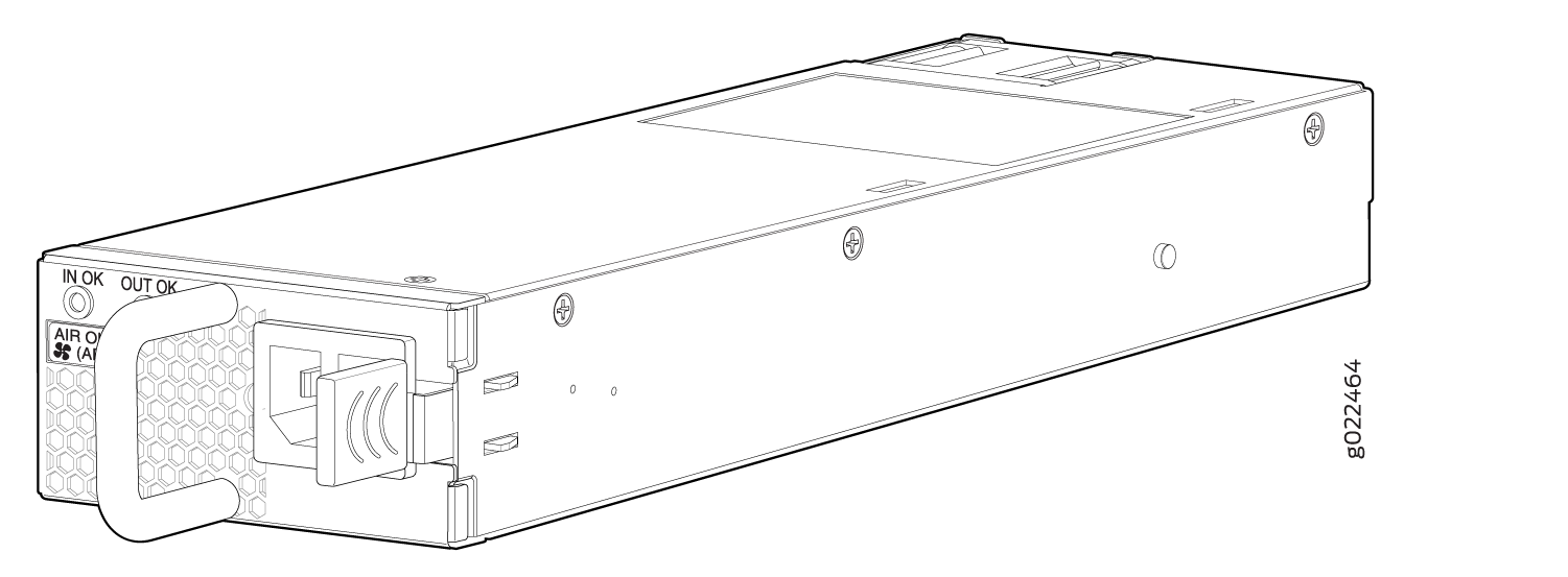 Line drawing of power supply unit with handle, ventilation holes, indicators labeled IN OK and OUT OK, and AIR with fan icon for airflow.